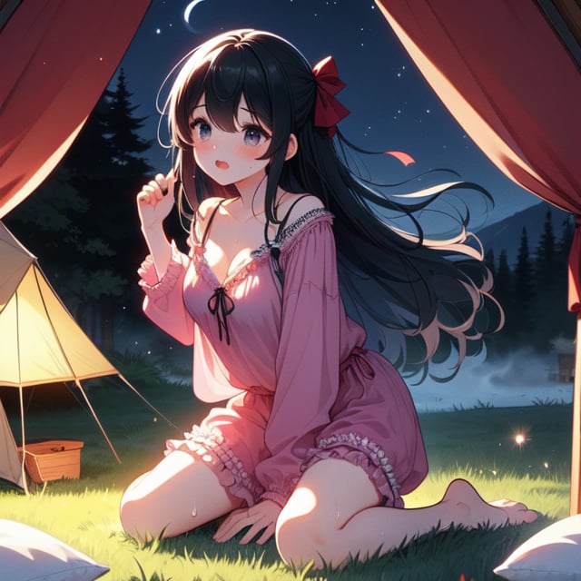 (((masterpiece))),  (((best quality))),  (((half body))),  ((camping tent)),  ((open door curtain)),  ((holding pillow)),  ((red frills chiffon pajamas)),  (((night))),  moon,  ((wind)),  solo,  1girl,  ((kneeling on grass)),  cleavage,  big tits,  collarbone,  ((sweat)),  ribbon,  black longhair,  open mouth,  rosy lips,  shy,  blush,  sleepy,  grass,  valley,  forest,  fog,<lora:EMS-272345-EMS:1.000000>