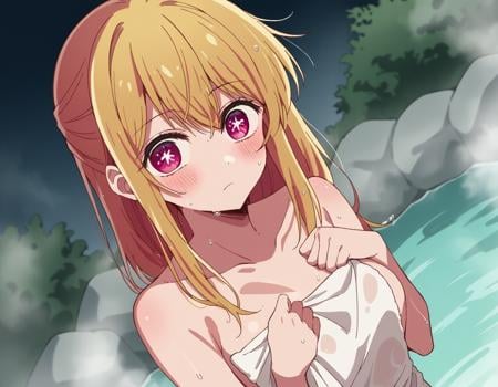 score_9, score_8_up, score_7_up, source_anime,rubyhoshino, <lora:ruby-hoshino-s1-ponyxl-lora-nochekaiser:1>,ruby hoshino, long hair, bangs, blonde hair, pink eyes, sidelocks, symbol-shaped pupils, multicolored hair, two-tone hair,nude, naked, outdoors, onsen, towel, naked towel, steam, bathing, nude cover, partially submerged, water, bath, steam censor, wet towel, blush,looking at viewer, cowboy shot, dutch angle, solo,