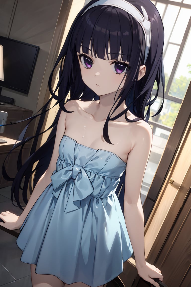 masterpiece, best quality, ultra-detailed, glistening shiny, glowing light, ray tracing, HDR, deph of field, (perfect face, detailed face),  <lora:ShirakiinRirichiyo:0.7>, ririchiyo, black hair, long hair, flat chest, hairband, blue dress, strapless, bare legs, standing