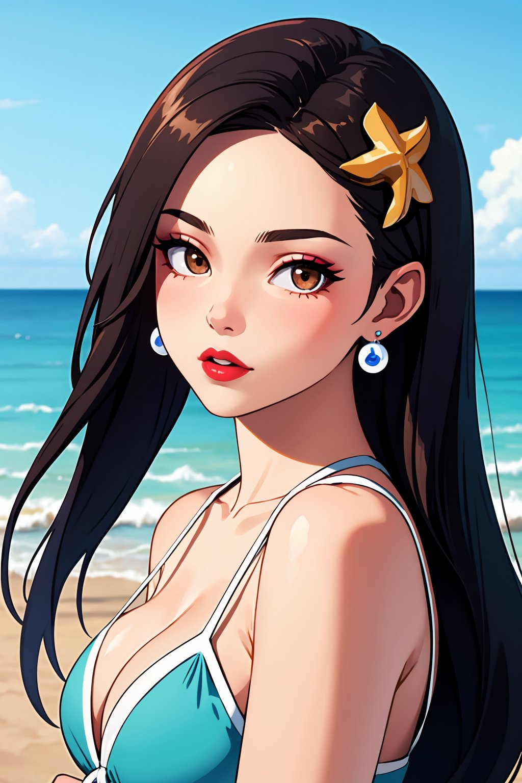 (best quality:1.4),(masterpiece:1.4),(8K:1.4),(extremely detailed:1.4),1girl,solo,brown eyes,(upper body:1.2),looking at viewer,long hair,black hair,red lips,hair ornament,hair behind ear,makeup,earrings,sea,beach,wind,