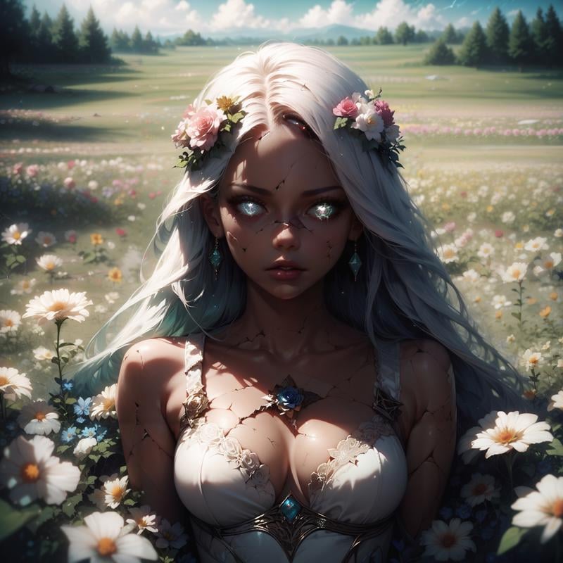 score_9, score_8_up, score_7_up, 1girl,  <lora:Pony_Stylized_Dark_Ambience_-_SDA:0.9> intricate details, dark atmosphere, glowy eyes, solo, looking at viewer, flower field, depth of field, sexy girl, smooth hair, long hair, breasts, (fractured skin, cracked skin:1.1), reaches out