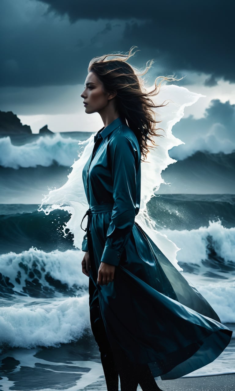 Double exposure photography, A portrait that merges a human silhouette with a stormy seascape, suggesting a tumultuous inner state. The blending of the two images creates a powerful metaphor for emotional depth and turmoil. The dynamic waves and the serene pose of the silhouette offer a stark contrast, enhanced by dramatic lighting and a moody color palette.