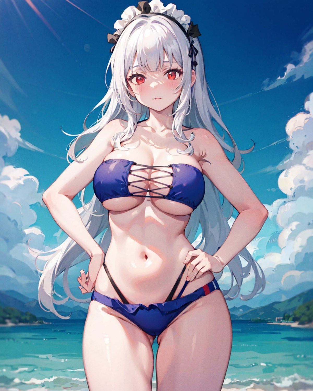 1girl,solo,cross-laced bikini, blue bikini,blush,  hand on hip,bare arms, bare legs, huge breasts, maid headdress, white hair,long hair,red eyes,collarbone, standing,cowboy shot, strapless, underboob,seaside,blue sky,  <lora:CrossLacedBikiniV1:1>