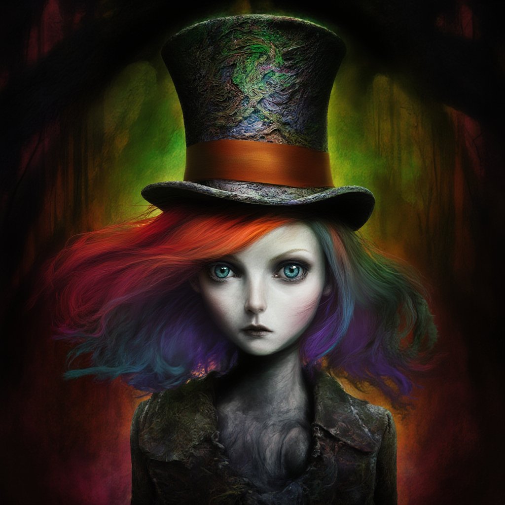 portrait young mad hatter girl, (crazy:1.4), alice in wonderland, deep detailed wonderland background, rim light, dark light, low light, cold colors, surreal art, portrait, creepy, horror, (vibrant colors:1.4), vivid colors, colored hair, wind hair, huge hat,surreal,lowbrow art style, <lora:LowBrowF1D:1>