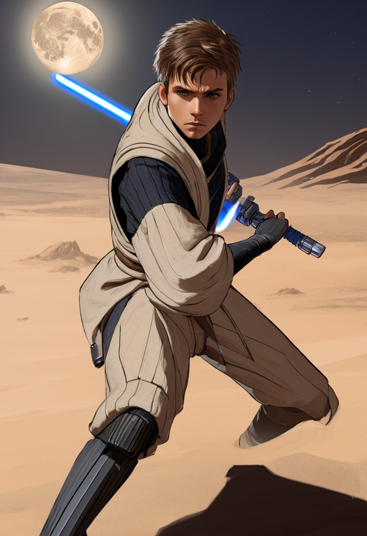 1boy,battoujutsu sword stance,ready to draw,glowing lightsaber,jedi outfit,serious, focused,agressive,desert sand background, moon, futuristic,landed spaceship, <lora:battoujutsu-sword-stance:1>