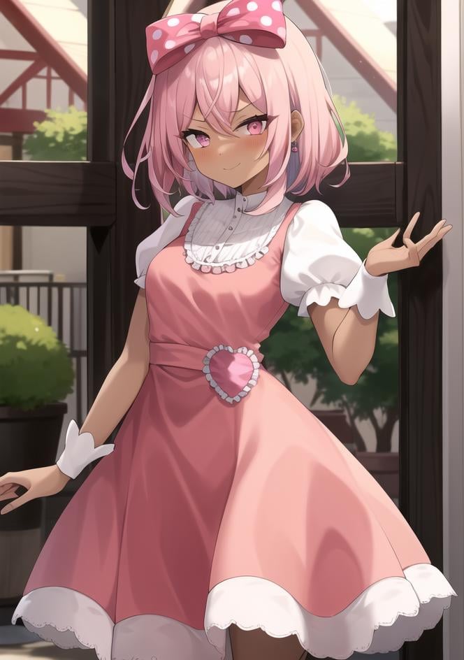 1girl, solo, <lora:SweetheartOmori0:0.95>, sweetheart, pink hair, pink eyes, (pageboy:1.3), short hair, dark skin, (polka dot), (hole), blush, smirk, nude, hair bow, dress, short sleeves, pose, indoors