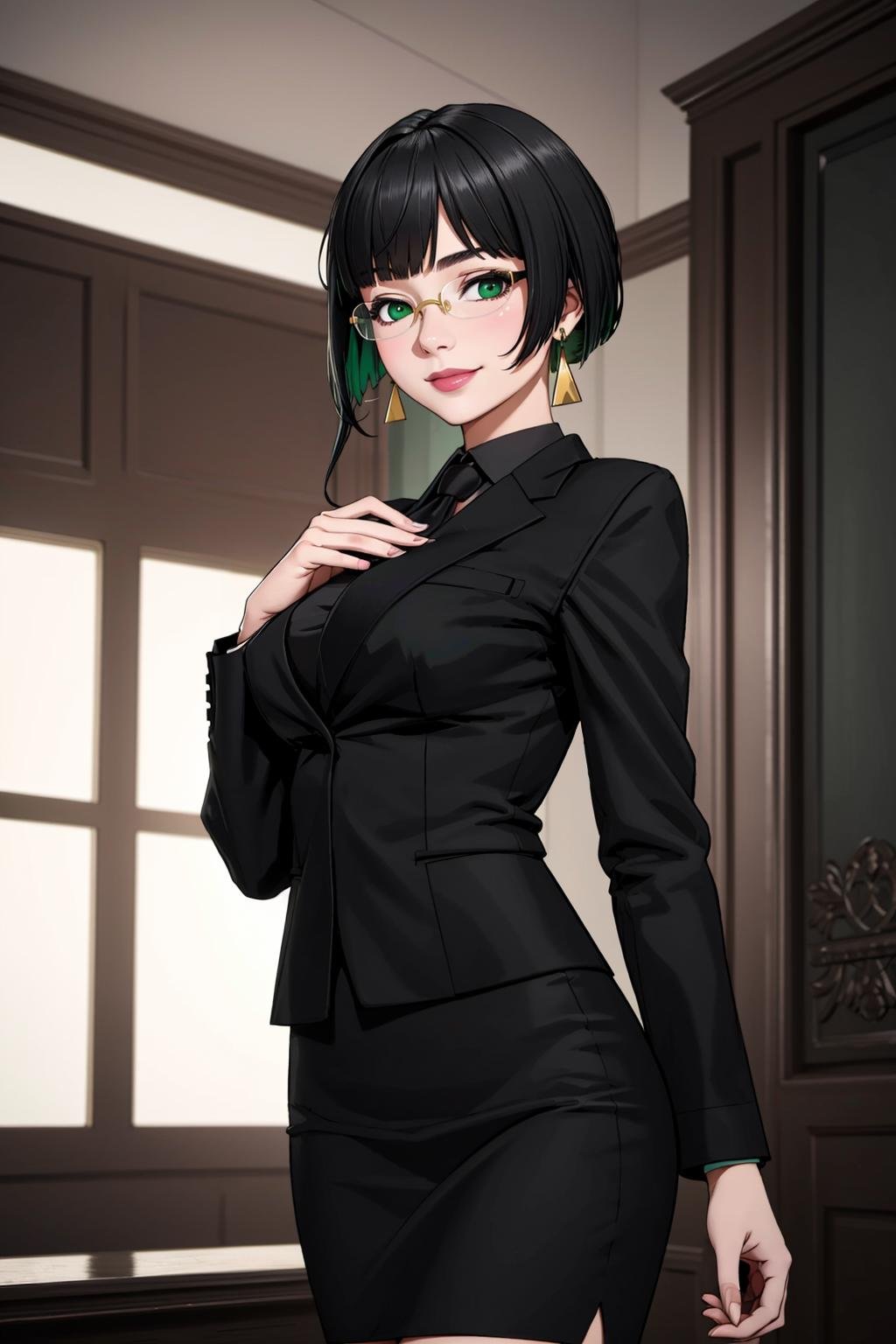 ((Masterpiece, best quality,edgQuality))smiling,solo,1girl,posing for a picture,edgAllmind,blunt bangs,two tone hair,golden earrings,black suit,necktie, green eyes,pencil skirt,glasses<lora:edgArmoredCore6Allmind:0.8>