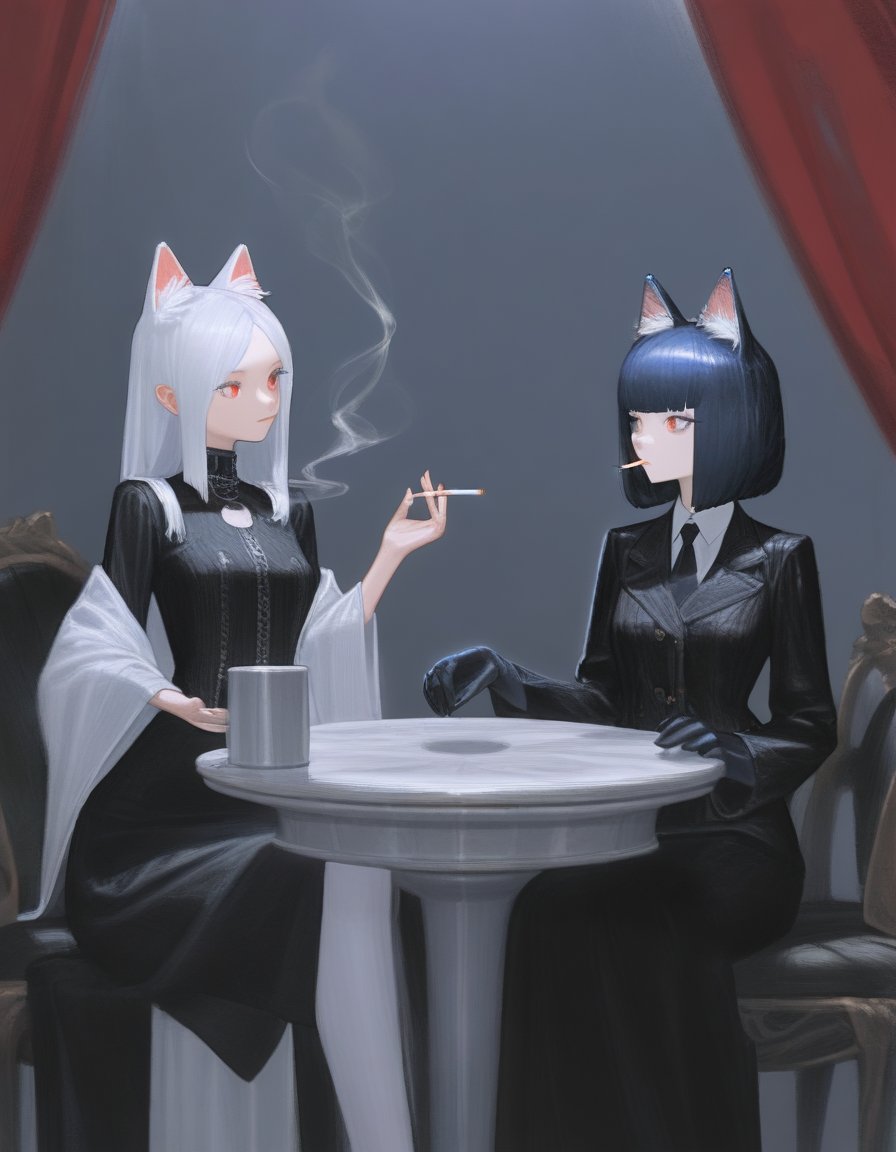 2girls, (by jun_\(navigavi\):0.8), (by reoen:1.1), by rsef, by neg_\(101neg\), two catgirls with cat ears smoking a cigarette in a palace