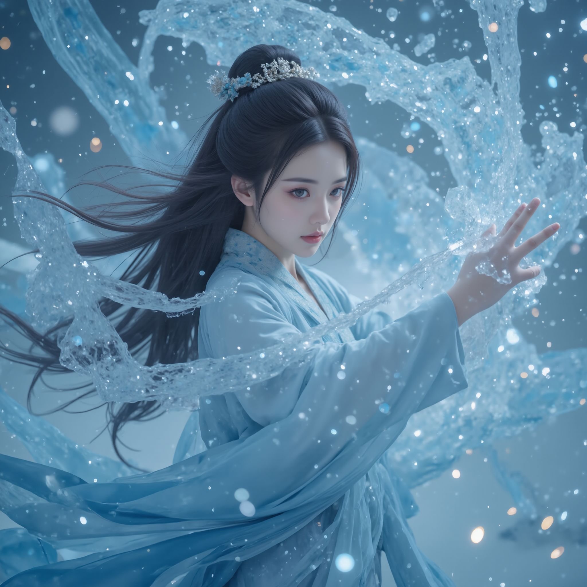 close-up,upper body,a girl dressed in an ancient mage costume, Hanfu, handsome, with gestures forming spells, martial arts and fairy tale atmosphere, carrying a sky filled with water vapor, game characters, water waves, without looking at the camera, writing calligraphy, surrounded by long and transparent scrolls, floating transparent Hanzi, dynamic action style, rotation, magical realism, dynamic action style, the highest quality, masterpiece, CG, HDR, high-definition, extremely fine, detailed face Superheroes, heroes, detail ultra high definition, OC rendering, Taoist runes<lora:极品超模V8_2.0:0.8>