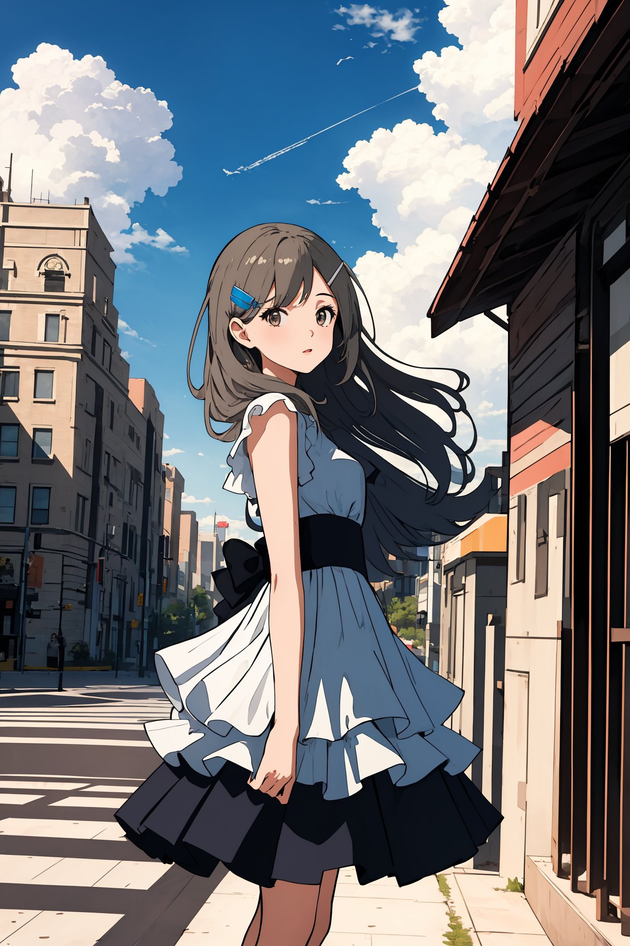 (best quality, masterpiece, highres),1girl,solo,long hair,hairclip,layered shaggy hair,cocktail dress,flared_skirt,cropped arms,dynamic_angle,crosswalk,sky,cloud,