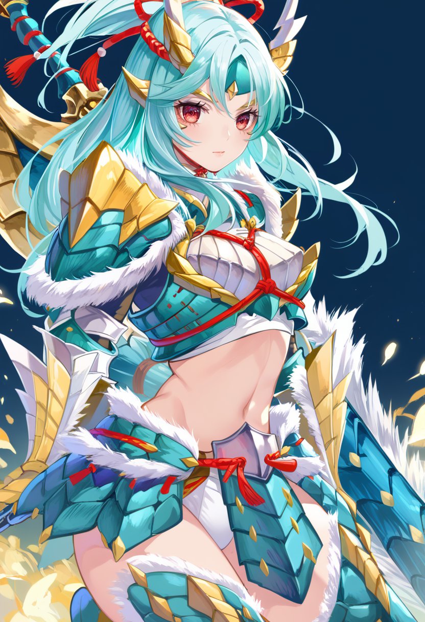 (score_9:0.9),score_8_up,score_7_up,rating_safe,anime style,(zPDXL),<lora:Zinogre armor ponyXL v2:0.93>,Zinogre armor,cyan gauntlets,cyan armor boots,1girl,solo,huge weapon,sword,long hair,red eyes,cyan hair,cyan hair,full body,