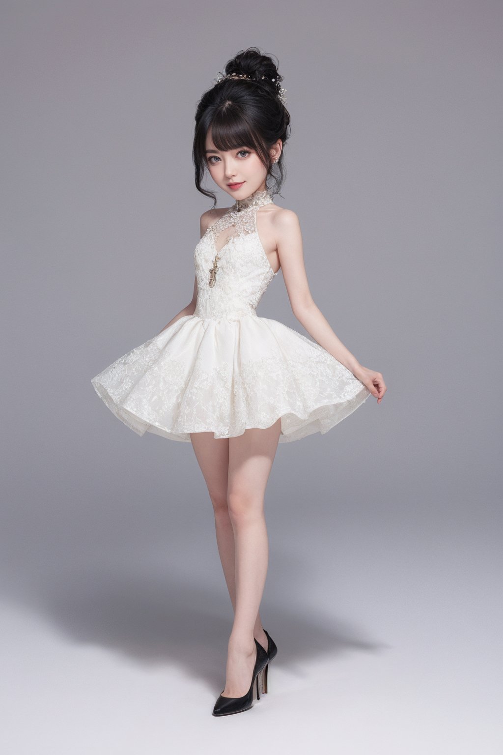 <lora:LoraAgainMixChibi_v1:1>,1woman,mature,dress,chibi,full body,black hair,high heel shoes,white background,