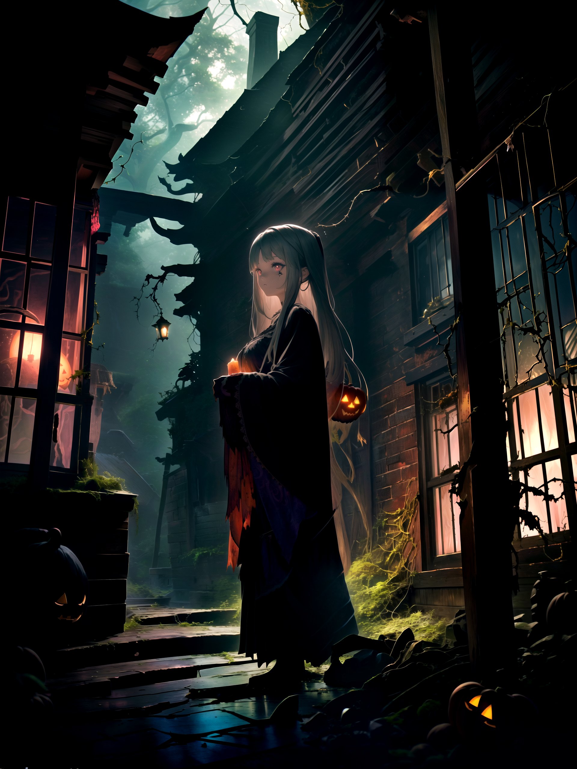 a girl in a Halloween costume, standing in front of a haunting house adorned with eerie decorations. The girl's costume is inspired by the mystical and macabre, with dark colors, flowing fabric, and intricate details. She holds a carved pumpkin, its flickering candle casting an eerie glow on her face. The haunting house behind her is dilapidated, with broken windows and overgrown vines, creating a spooky atmosphere. Shot with a Sony A7 III, Fujifilm Velvia 50 film, 35mm lens, capturing the haunting beauty of the scene with rich colors and sharp details.