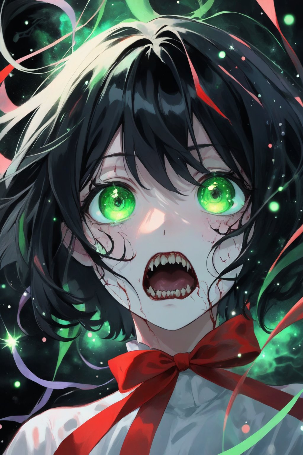 black hair, short hair, green eyes, sparkling eyes, pastel, abstract, particles, horror \(theme\), scary, ribbon, flowing hair, (nightmare), red, black, horrified, facing viewer, upper body, looking at viewer