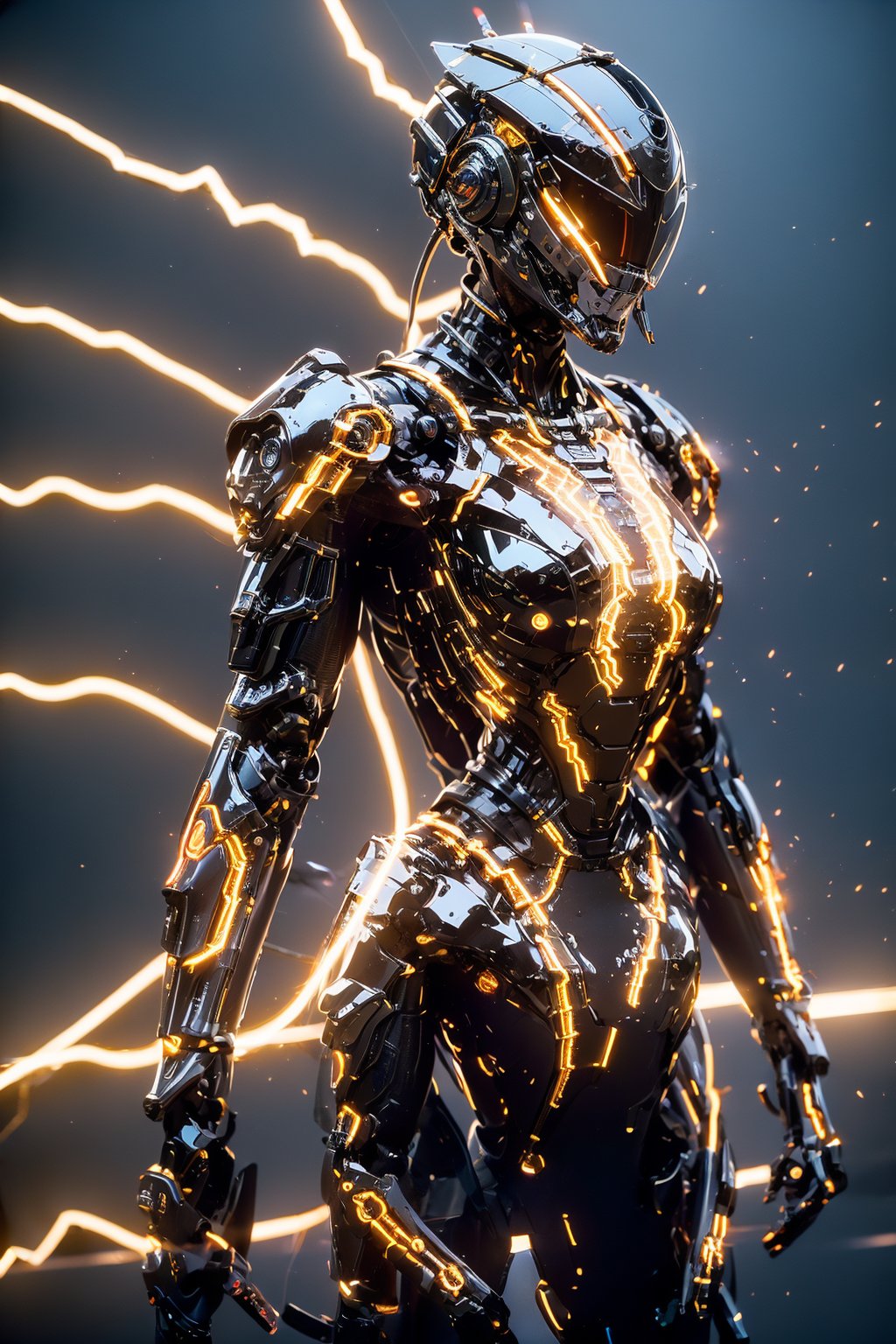 <lora:AgainRealistic_v2.0:1>,AgainRealistic_v2.0, solo, science fiction, electricity, glowing, 1girl, armor, robot, helmet, power armor, standing, black background, cowboy shot, humanoid robot, cable, breasts, cyborg, robot joints, android, arms at sides