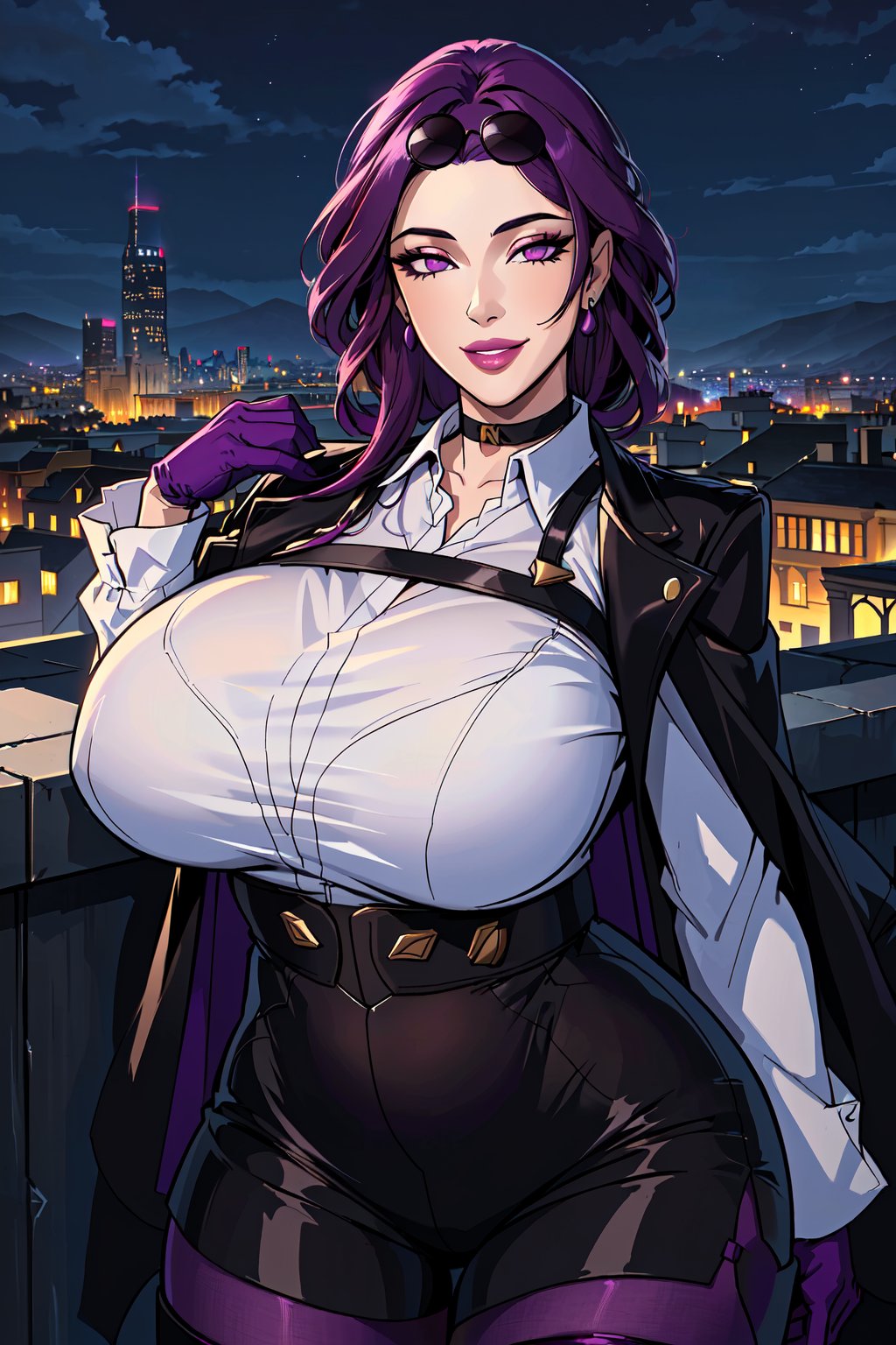 ((masterpiece)), ((best quality)), (ultra-detailed), absurdres, extremely detailed CG unity 8k wallpaper, Official Art, beautiful face, detailed hands, expressive eyes, upper body, close up, solo, (city, night, scenery, illustration, dramatic lighting:1.1), (standing, seductive smile, parted lips:1.2), (1girl, mature female, milf, motherly, narrow waist, huge breasts, wide hips, sharp eyelashes, lips, purple eye, purple hair:1.4), (Kafka, sunglasses, eyewear on head, choker, long sleeves, collared shirt, black shorts, purple gloves, purple straps, pantyhose, black jacket, jacket on shoulder, arm strap, earrings, thigh boots, thigh strap, pantyhose:1.3), ((masterpiece)), , absurdres, HDR <lora:kafka-v3-nai-13ep-resize:0.8> 