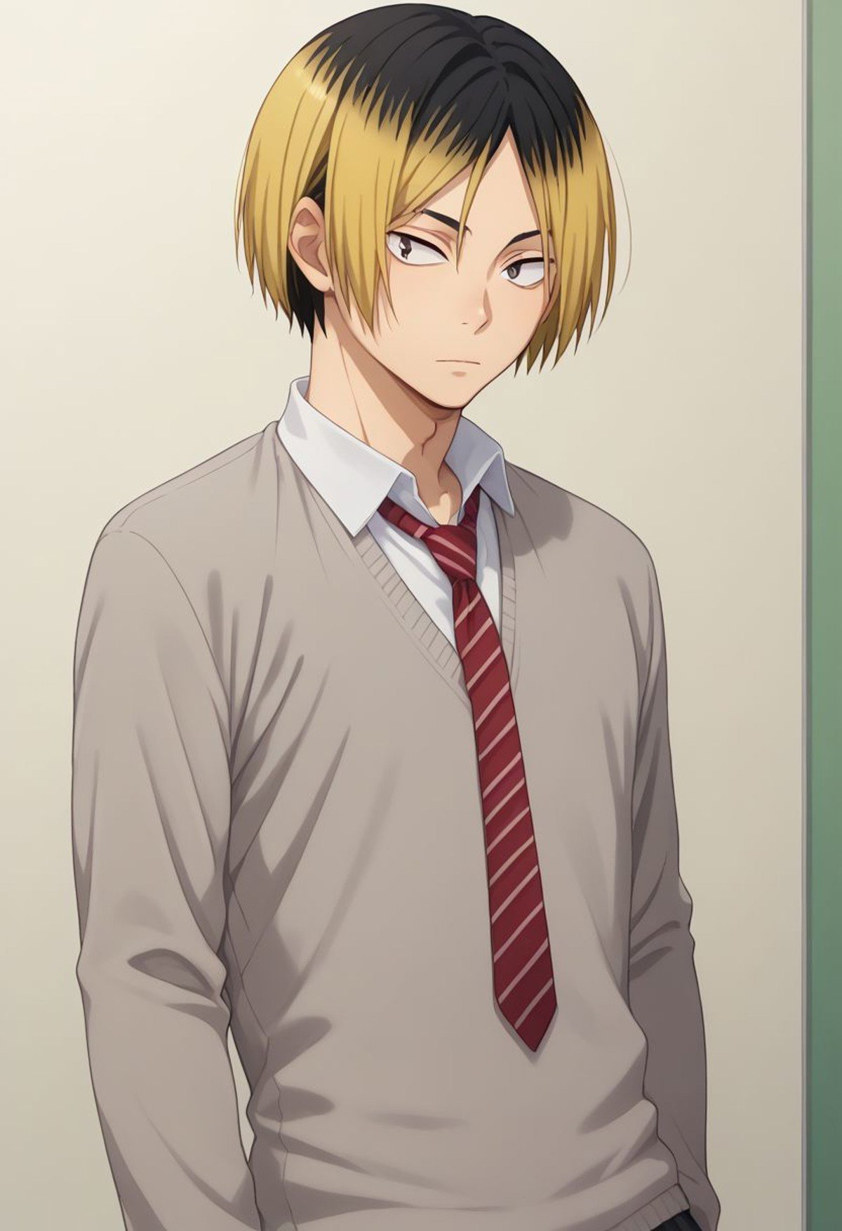 score_9, score_8_up, score_7_up, source_anime, highly detailed, kenma, 1boy, male focus, solo, blonde hair, multicolored hair, two-tone hair, black hair, school uniform, shirt, white shirt, sweater, grey sweater, necktie, red and black necktie, striped necktie, skinny,indoor,