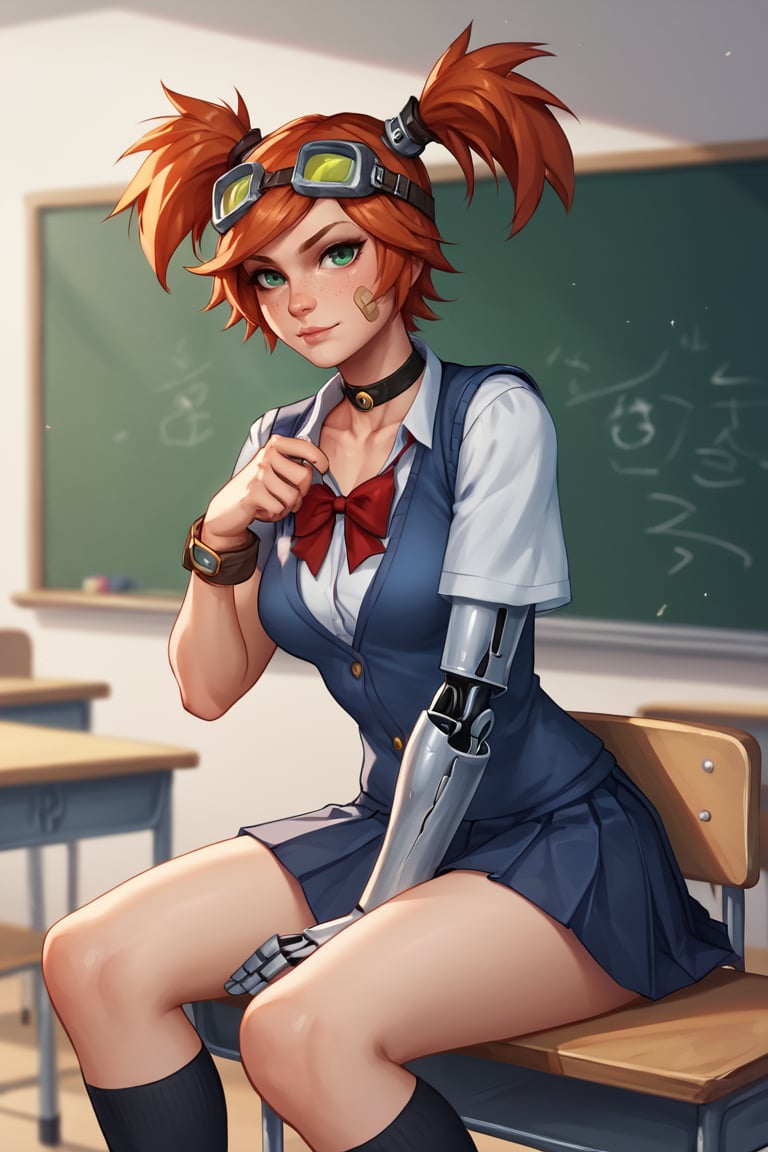 score_9, score_8_up, score_7_up, BREAK , 1girl, solo, looking at viewer, breasts, <lora:gaigebl2-guy-v1PONYXL:.85>, gaigebl2, goggles on head, twintails, freckles, bandaid on face, single mechanical arm, school uniform, classroom, chalkboard, choker, sitting, 