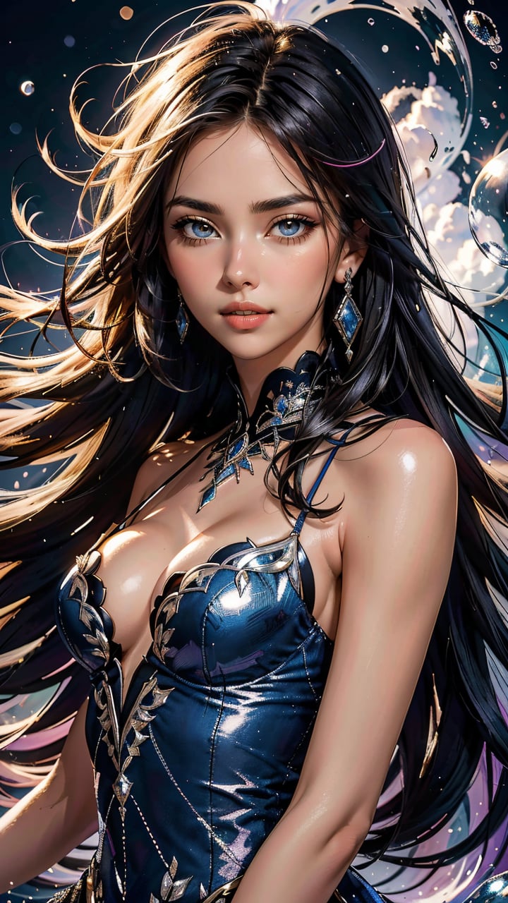 (best quality, masterpiece, colorful, dynamic angle, highest detailed) \Irina Shayk\, upper body shot, fashion photography of cute (Irina Shayk), long black hair, (ultrahigh resolution textures), bokeh, light passing through hair, colorful bubble clouds background, (official art)