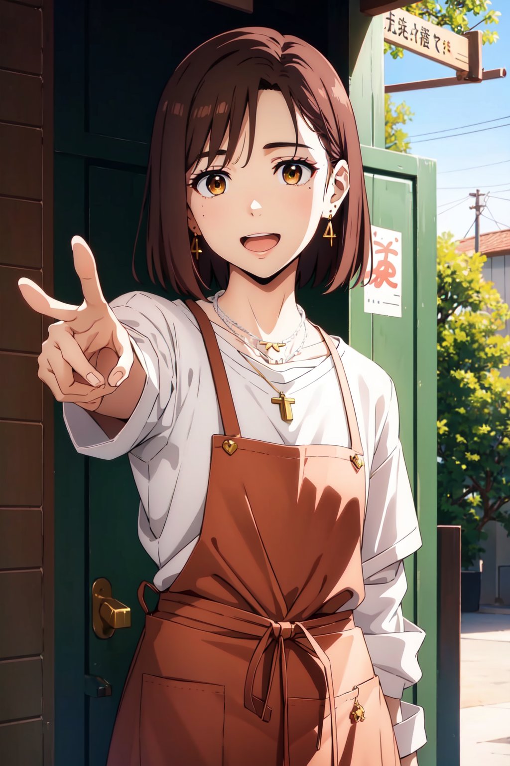 <lora:KotohaTachibana:0.8>, Kotoha Tachibana, 1girl, solo, looking at viewer, blush, smile, short hair, open mouth, brown hair, shirt, brown eyes, jewelry, white shirt, upper body, :d, earrings, necklace, mole, apron, mole under eye, pointing, emphasis lines, pointing at viewer, ((masterpiece))