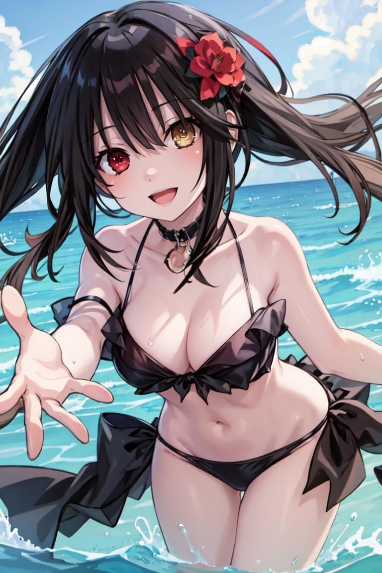 1girl, solo,  standing, <lora:aki:0.8>, tokisaki kurumi,black hair,  heterochromia, long hair, low twintails,medium breasts, cleavage, leaning forward, bikini, string bikini, splashing, head tilt, splash water, splashing water, reaching out, looking at viewer, smile, open mouth, outdoors, scenery, beach, waves, ocean, sand,, weird atmosphere, (best quality:1.1), (masterpiece:1.2), high quality shadow, beautiful detailed, (high detailed skin, skin details), (wide_landscape, 8k), beautiful face, detailed eyes, depth of field, dramatic light, best quality, highres, best shadow, best illumination,