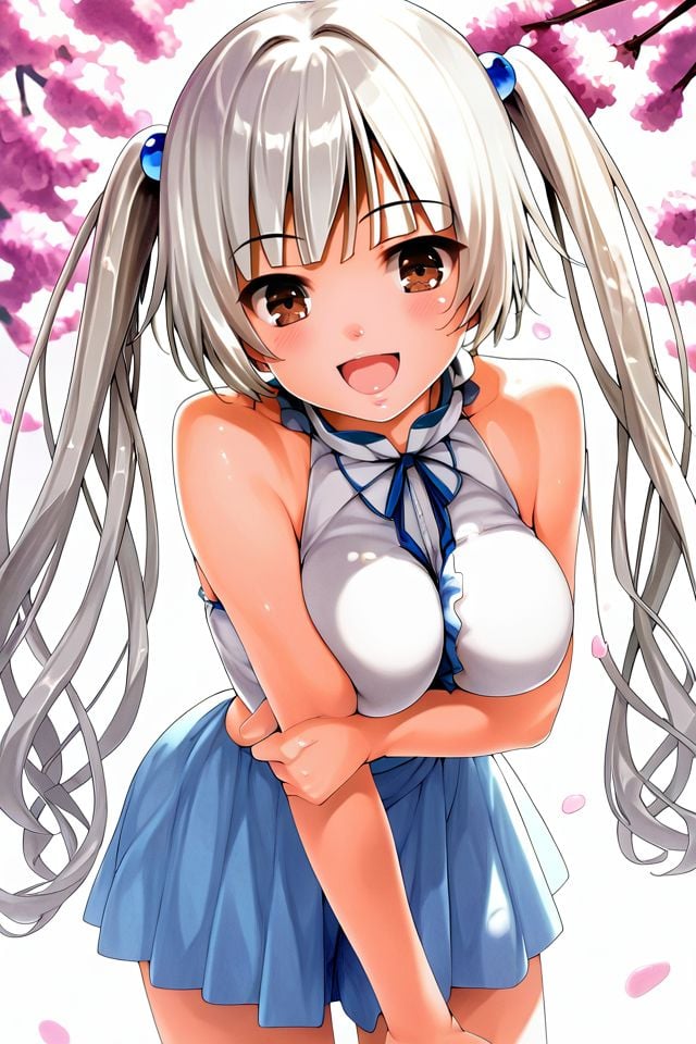 score_9, score_8_up, score_7_up, 1girl, solo, happy, white hair, hair_intakes, quin_tails, brown eyes, large breasts, leaning forward, beautiful background <lora:Menyoujan_PonyXL_style_v01.06.01:1>