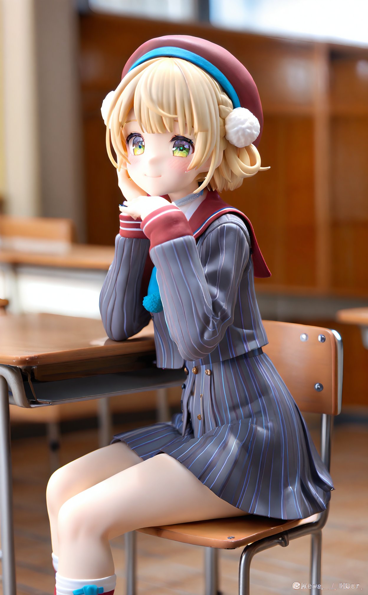 masterpiece,best quality,illustration,ultra detailed,hdr,Depth of field,(colorful),PVC Style, shigure ui (vtuber), 1girl, virtual youtuber, solo, hair ornament, hat, pom pom (clothes), desk, pom pom hair ornament, school desk, short hair, classroom, blonde hair, green eyes, beret, smile, skirt, grey jacket, blurry, twitter username, indoors, jacket, sitting, hair rings, grey skirt, socks, red headwear, long sleeves, school uniform, braid, striped clothes, striped skirt, closed mouth, vertical-striped jacket, blurry background, pinstripe pattern, striped jacket, shirt, holding, sailor collar, head rest, artist name, light brown hair, red sailor collar, blush, french braid, holding pencil, vertical-striped skirt