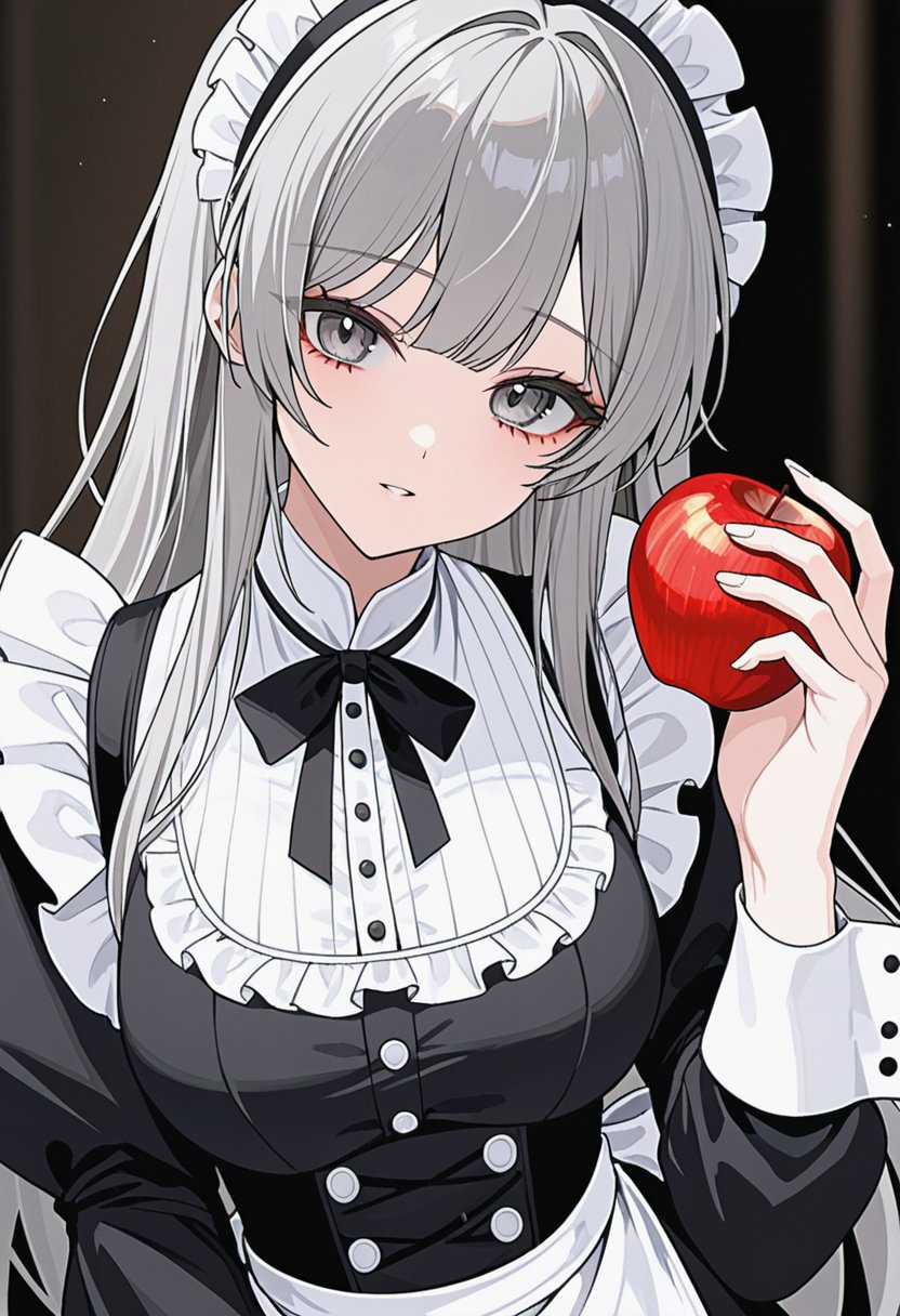 1girl,solo,Grey hair,long hair,maid's outfit,close-up of face,looking at viewer,holding apple,newest,very aesthetic,highly detailed,best quality,absurdres,