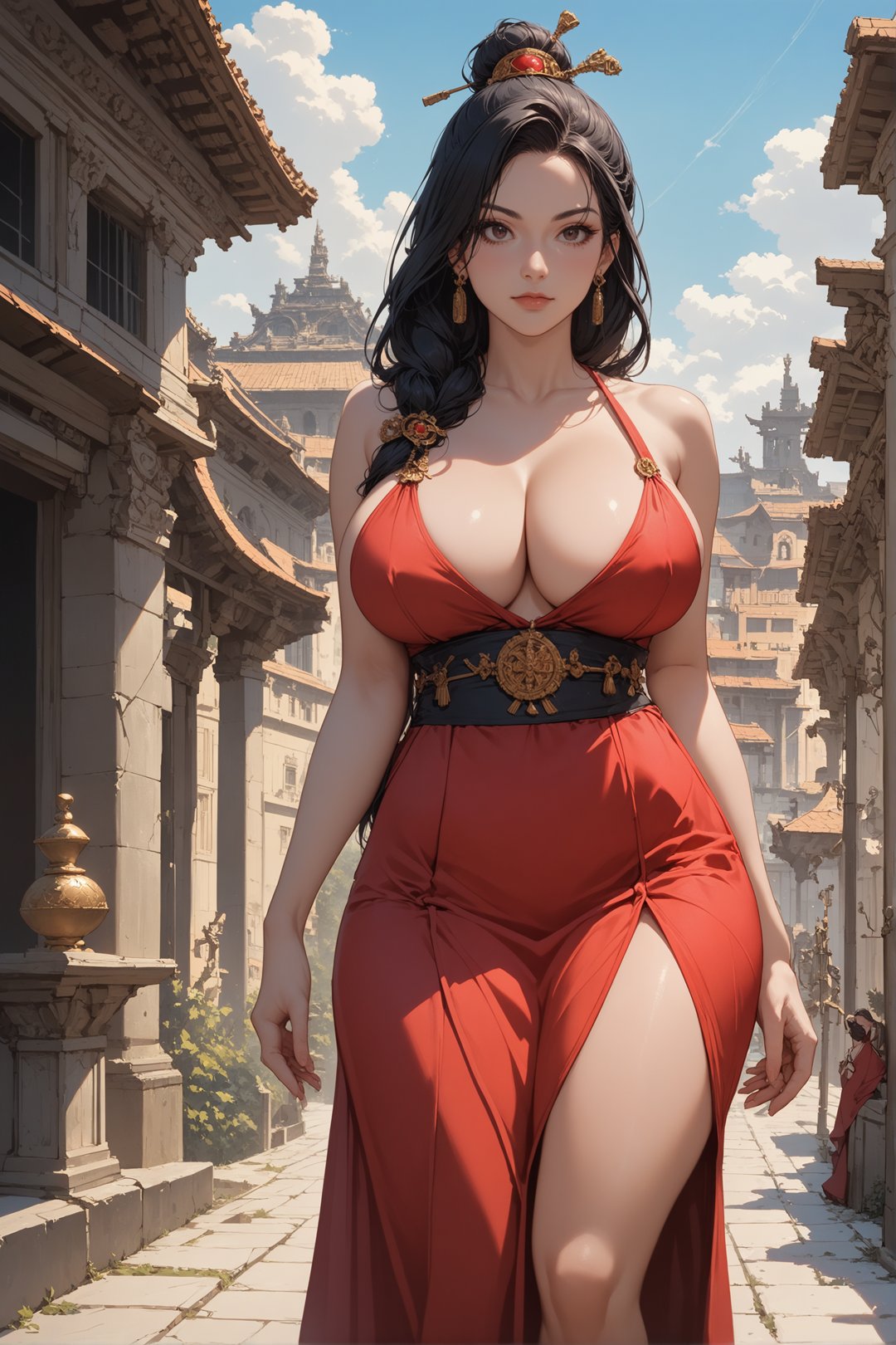 score_9, score_8_up, score_7_up, anime, 1girl, solo, looking at viewer, black hair, closed mouth, big breasts, long hair, cleavage, bare shoulder, red dress, hair ornament, earring, dynamic pose, ancient city, <lora:Lianshi_Dinasty_Warrior_9:0.7>