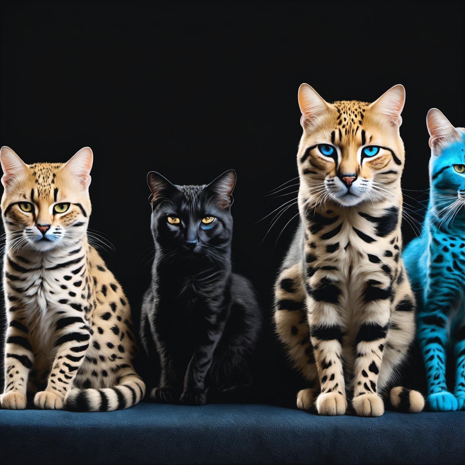 [ (textile art designed by Méret Oppenheim:0.7) and David B. Mattingly:8], photography art, fantasy, multiple cats with Blue details, Grouchy, Cosy, New Wave Art, cheetah print color grading, dark black background