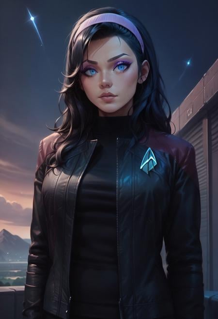 score_9, score_8_up, score_7_up, score_6_up, 1girl, scenery,  knva, pcdjck, Star trek jacket, red shoulders, black shirt, knva, detailed, TrixTFOP, black hair, blue eyes, pink headband, light purple eyeshadow