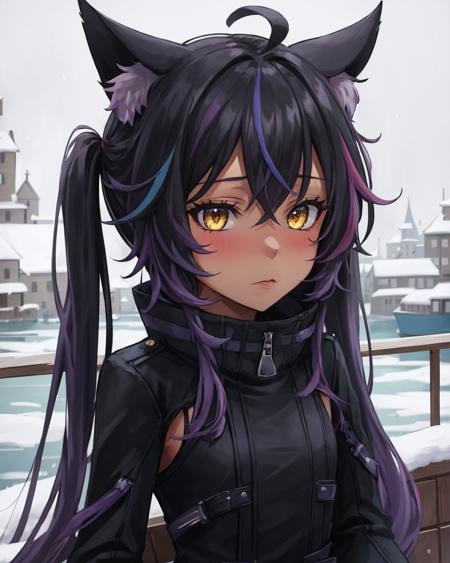 best quality, (masterpiece:1.2), illustration, absurdres,(1girl, solo), (beautiful detailed girl),<lora:Celine:0.8>, Celine Millstein, black hair, purple hair, streaked hair, ahoge, long hair, black cat ears, twintails, cat tail, dark skin, small breasts,black dress, black nails, claws,looking at viewer, tsundere, blush,winter, cold, snow, snowing, harbor, port, dark, stone buildings, cobblestone buildings, medieval village, viking village,,(sitting:1.2), (upper body, portrait),