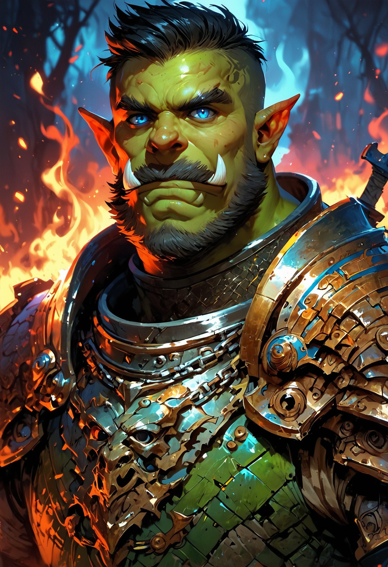 score_9, score_8_up, score_7_up, score_6_up, score_5_up, score_4_up,<lora:EpicF1reP0ny:0.8>, concept art, digital art, realistic, 1boy, solo, male focus, mature male, orc, green skin, tusks, blue eyes, short hair, black hair, facial hair, beard, mustache, looking at viewer, armor, shoulder armor, breastplate, pauldrons, chainmail, upper body, closed mouth, standing, outdoors, night, night sky, dark background, fire