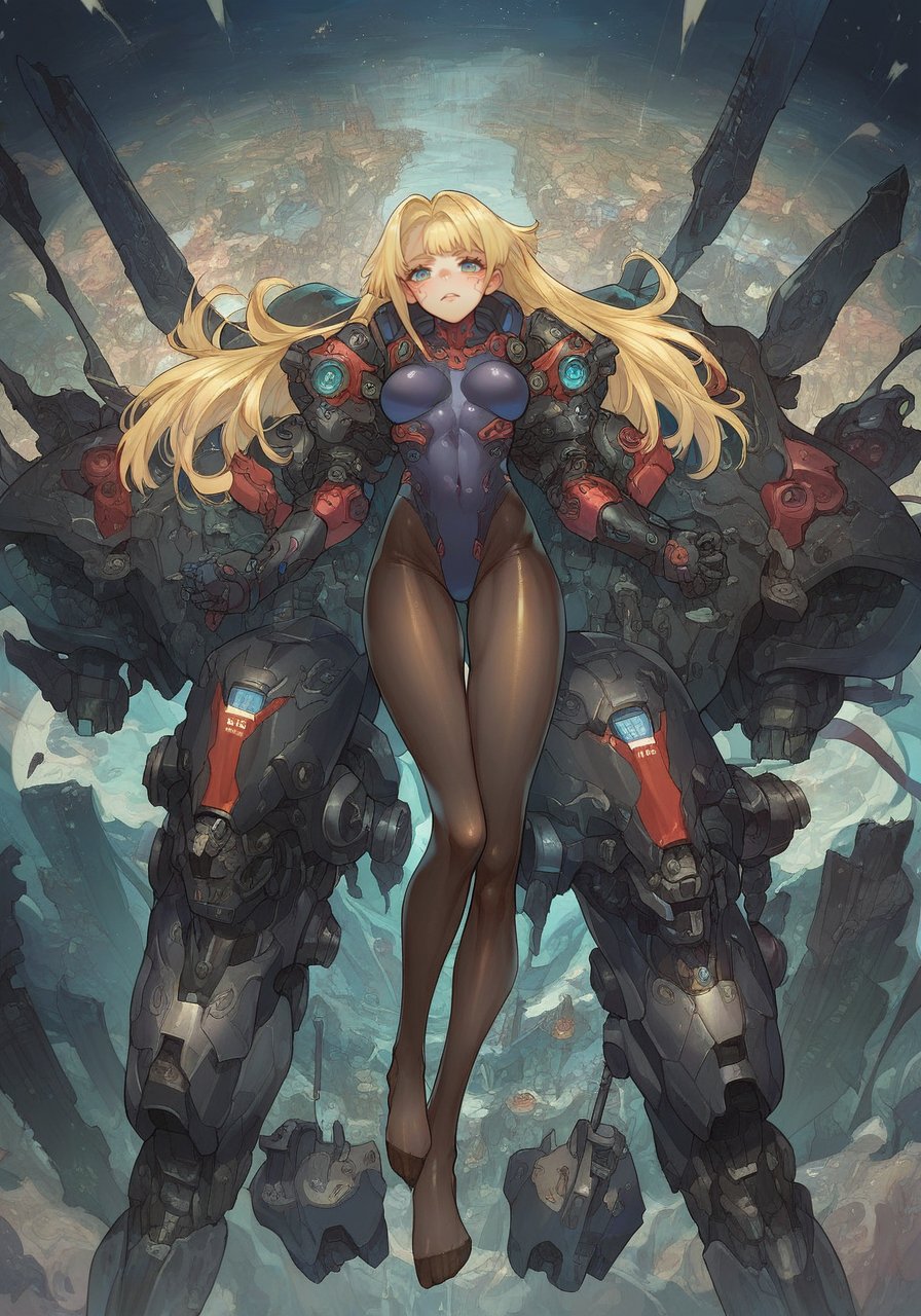 score_9, score_8_up, score_7_up, score_6_up, high quality, masterpiece, 8k, highres, highly detailed,anime,1girl, no shoes, innocent, pantyhose, blonde hair, long hair, cyberpunk outfit, Tokyo, darkness, mecha