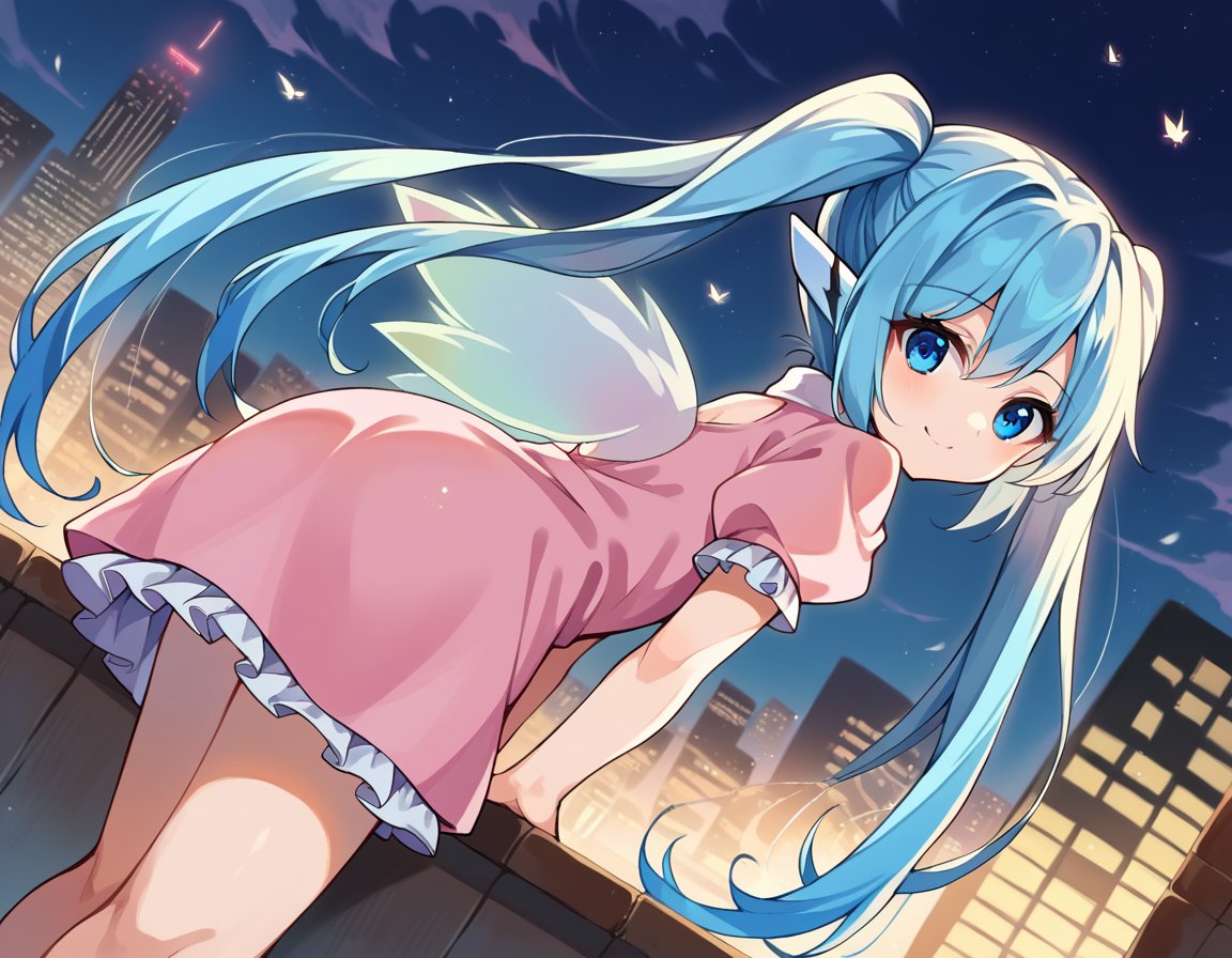 score_9, score_8_up, score_7_up, source_anime,otoshimononymph, <lora:otoshimono-nymph-ponyxl-lora-nochekaiser:1>,nymph, blue eyes, blue hair, long hair, long twintails, robot ears, twintails, two side up, wings,dress, pink dress, frilled dress, short sleeves,outdoors, cityscape, smile, bent over,looking at viewer, cowboy shot, dutch angle, solo,