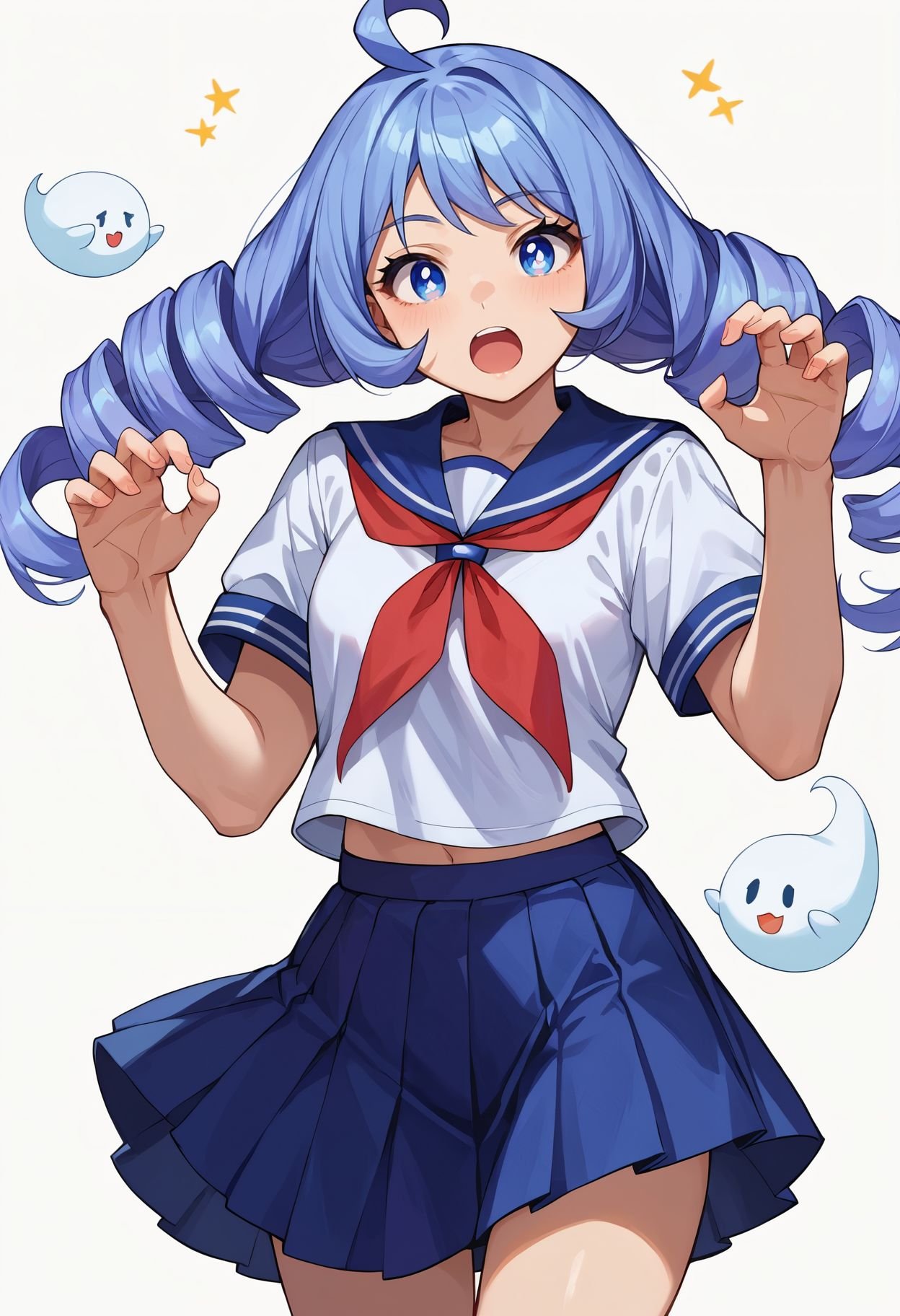 score_9,score_8_up,score_7_up,score_6_up,hadou nejire, 1girl, ahoge, blue eyes, blue hair, blue sailor collar, blue skirt, drill hair, ghost pose, hitodama, neckerchief, official alternate costume, official alternate hairstyle, open mouth, pleated skirt, red neckerchief, sailor collar, school uniform, serafuku, simple background, skirt, solo, twin drills, white background