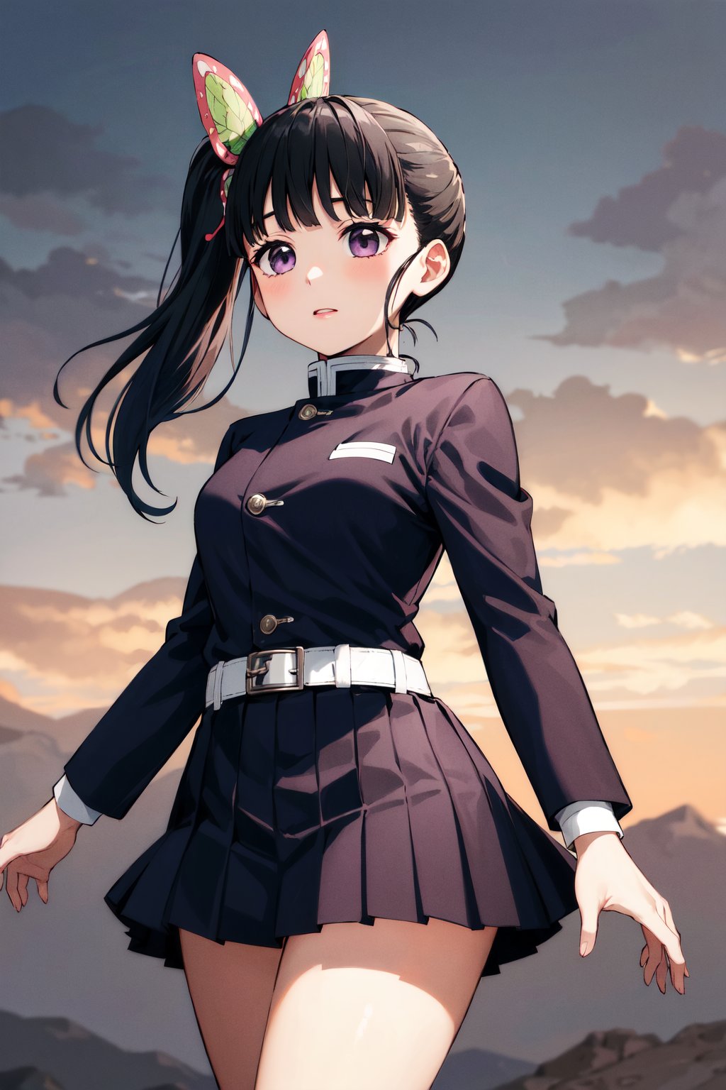 masterpiece, best quality, highres, aakanao, long hair, side ponytail, hair ornament, black jacket, long sleeves, belt, pleated skirt, black skirt, <lora:tsuyuri_kanao_v1:0.8>, standing, cowboy shot, 