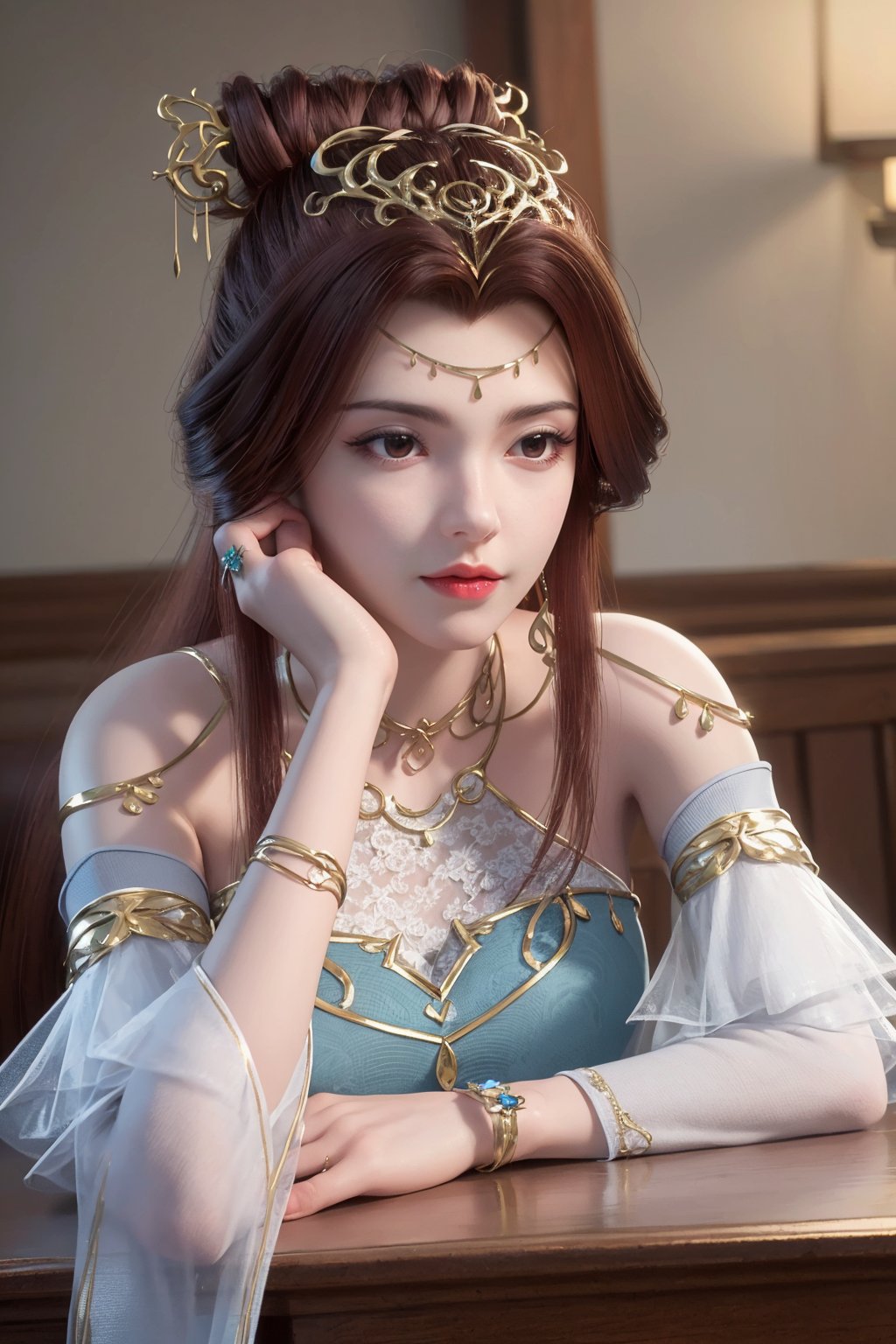 masterpiece,(best quality),official art,extremely detailed cg 8k wallpaper,(extremely delicate and beautiful),solo,realistic,photo_\(medium\),head rest,1girl,chinese clothes,gown,bare shoulders,metal collar,chain,solo,brown hair,long hair,gown,jewelry,bracelet,detached sleeves,hair ornament,see-through,<lora:lingyun_v2.1:0.7>,