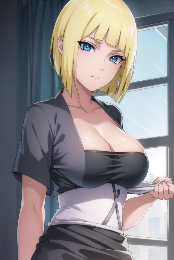 samui, <lora:samui-lora-nochekaiser:1>, samui, blue eyes, blonde hair, short hair, bangs, blunt bangs,BREAK cleavage, fishnets, dress, grey dress, skirt, grey skirt,BREAK cowboy shot, looking at viewer, BREAK indoors,BREAK <lyco:GoodHands-beta2:1>, (masterpiece:1.2), best quality, high resolution, unity 8k wallpaper, (illustration:0.8), (beautiful detailed eyes:1.6), extremely detailed face, perfect lighting, extremely detailed CG, (perfect hands, perfect anatomy),