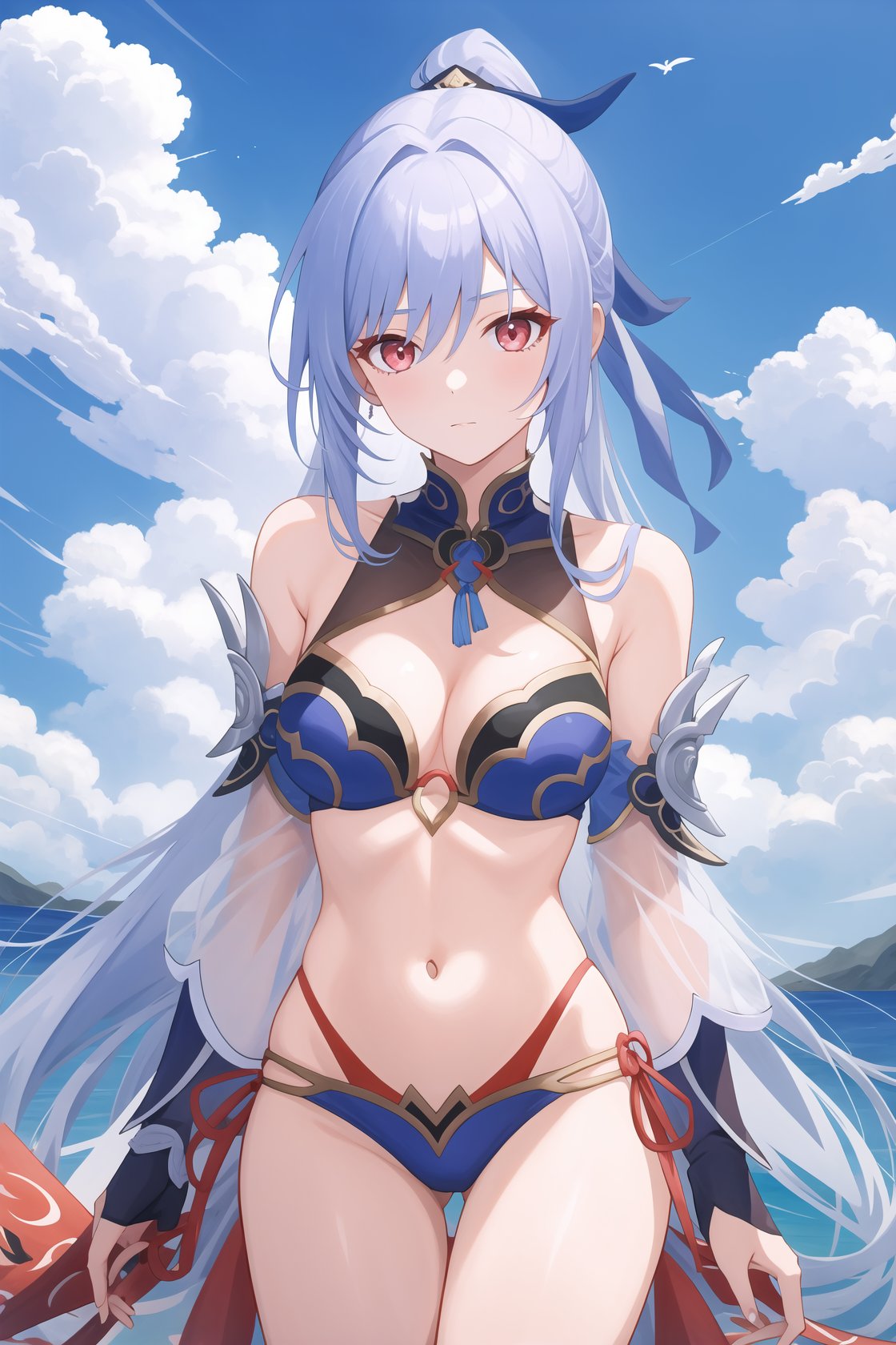 <lora:镜流v4:1:lbw=char>,jingliu,1girl,solo,bangs,bare shoulders,high quality,detached sleeves,cleavage,ponytail,bikini, (masterpiece,best quality:1.2),absurdres, high quality,