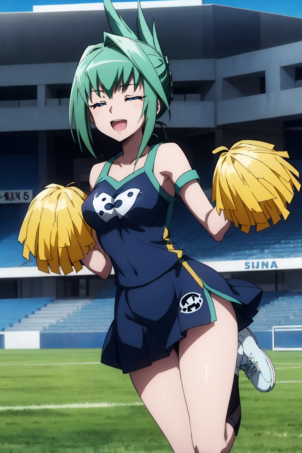 TaoJun, 4k, absurd, high resolution, very high resolution, high definition, masterpiece, green hair, blue eyes, folded ponytail, cheerleader clothes, pompoms, soccer field, :d, looking_at_viewer, jumping, closed eyes<lora:EMS-390424-EMS:0.800000>