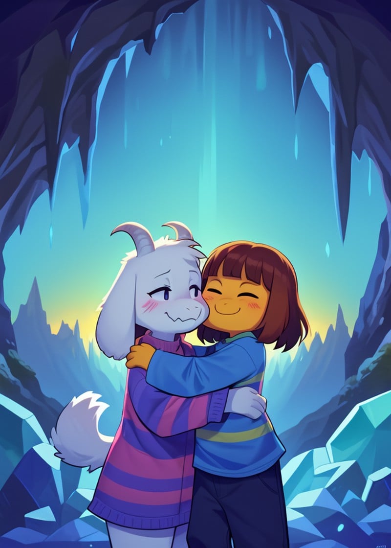 (by Kyoto Animation, by Christopher Balaskas, by Glacierclear, by Sususuigi), (duo toony chibi, frisk \(undertale\), asriel dreemurr, hug:1.25), shirt, pants, front view, (three-quarter portrait:1.25), arms above head, holding flower, happy, close-up, BREAK, colorful cave, colorful mountain, foggy, glowing, night, waterfall, crystal, plant, sky, masterpiece, best quality, light, 4k, 2k, photography