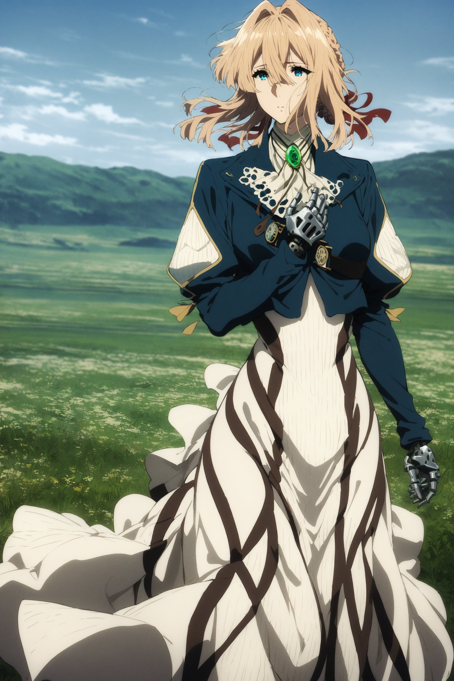 masterpiece, best quality, very aesthetic, absurdres, aave, braid, hair ribbon, red ribbon, jewelry, white ascot, brooch, blue jacket, long sleeves, mechanical hands, white dress, long dress, violet evergarden, <lora:violet_evergarden_XL_v1(anima):0.9>, outdoors, field, wind, floating hair, standing, cowboy shot,