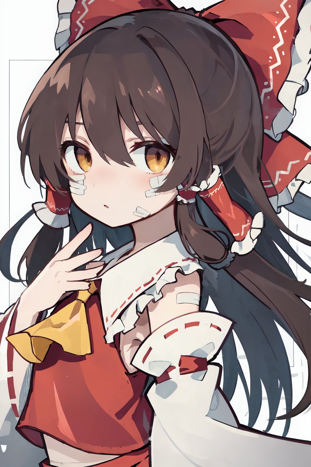 1girl,solo,hakurei reimu,detached sleeves,hair tubes,long hair,bow,ascot,red bow,hair bow,brown hair,yellow ascot,brown eyes,upper body,wide sleeves,frills,looking at viewer,bangs,frilled hair tubes,hair between eyes,frilled bow,bandaid,shirt,ribbon-trimmed sleeves,ribbon trim,red shirt,hand up,red vest,bare shoulders,bandages,vest,sidelocks,nontraditional miko,chibi,so-style,