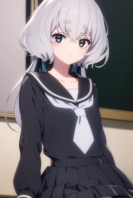 junkokonno, <lora:junko konno s2-lora-nochekaiser:1>,junko konno, low twintails, (black eyes:1.5), twintails, white hair,BREAK sailor dress, serafuku, skirt, school uniform, white necktie, necktie, long sleeves,BREAK looking at viewer, full body,BREAK indoors, classroom,BREAK <lyco:GoodHands-beta2:1>, (masterpiece:1.2), best quality, high resolution, unity 8k wallpaper, (illustration:0.8), (beautiful detailed eyes:1.6), extremely detailed face, perfect lighting, extremely detailed CG, (perfect hands, perfect anatomy),