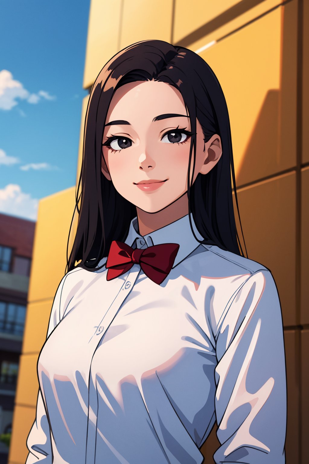 (best quality:1.4),(masterpiece:1.4),(8K:1.4),(extremely detailed:1.4),1girl,solo,long hair,shirt,looking at viewer,white shirt,collared shirt,black eyes,smile,bow,red bow,closed mouth,portrait,black hair,bowtie,black bowtie,upper body,cloud,sky,shiny,shiny skin,