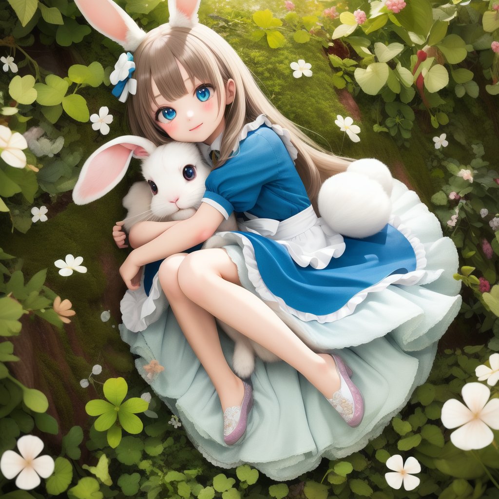 (masterpiece), (best quality), (extremely detailed), (1girl), solo, (pretty cute girl), looking at viewer, slender, evenly sized eyes, extremely detailed eyes, alice in wonderland, hugging angora rabbit, bluewish, full body, outdoors, clover field, extremely detailed wallpaper, (parfect detail features), 8k, UHD, clover