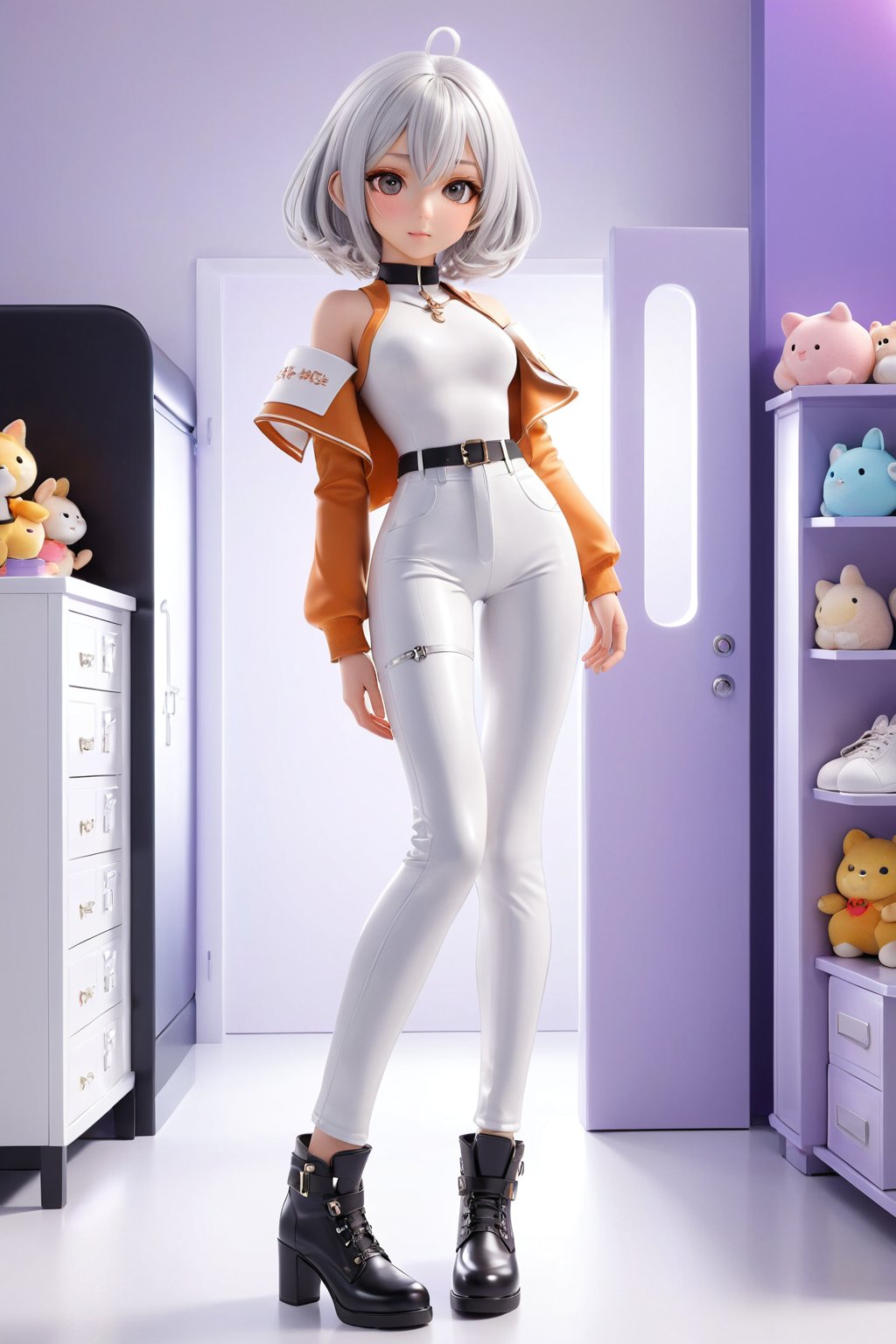 professional 3d model  of hubggirl, anime artwork pixar,3d style, good shine, OC rendering,highly detailed,volumetric,dramatic lighting,1girl,((full body)),looking at viewer,standing,shiny_skin,fair_skin,Celine leather trousers with a high waist and tapered leg,light oyster white hair,gyaru,absolute_territory,tight,spandex,shoes,kneehighs,glamor,dormitory,colrful background,clean background,straight_hair,hime cut,.,masterpiece,best quality,super detail,key visual,vibrant