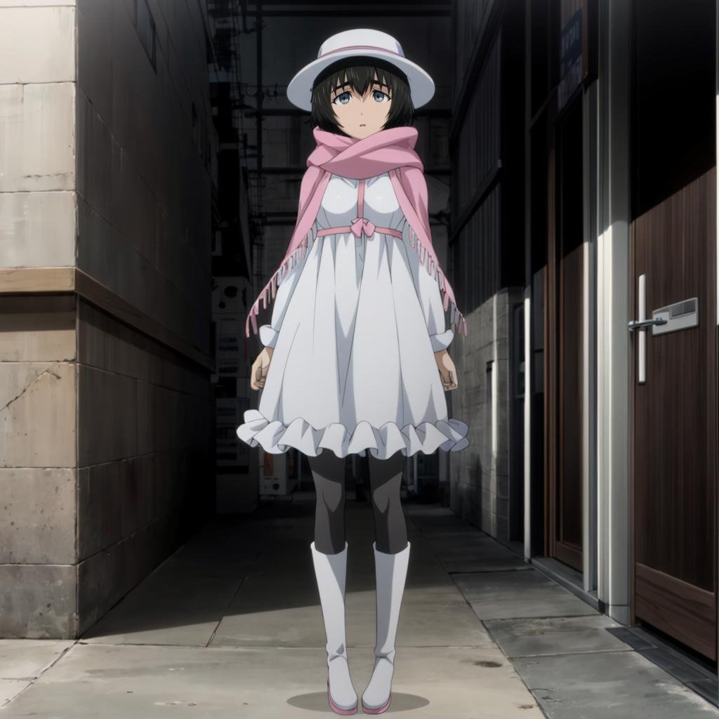 <lora:MayuriShiina002:0.7>,<lora:add_detail:1>,<lora:boldline:-0.8>,<lora:noline:0.3>,Mayurizero,1girl,black hair,hat,white headwear,pink scarf,dress,skirt,frills,pantyhose,white boots,full body,