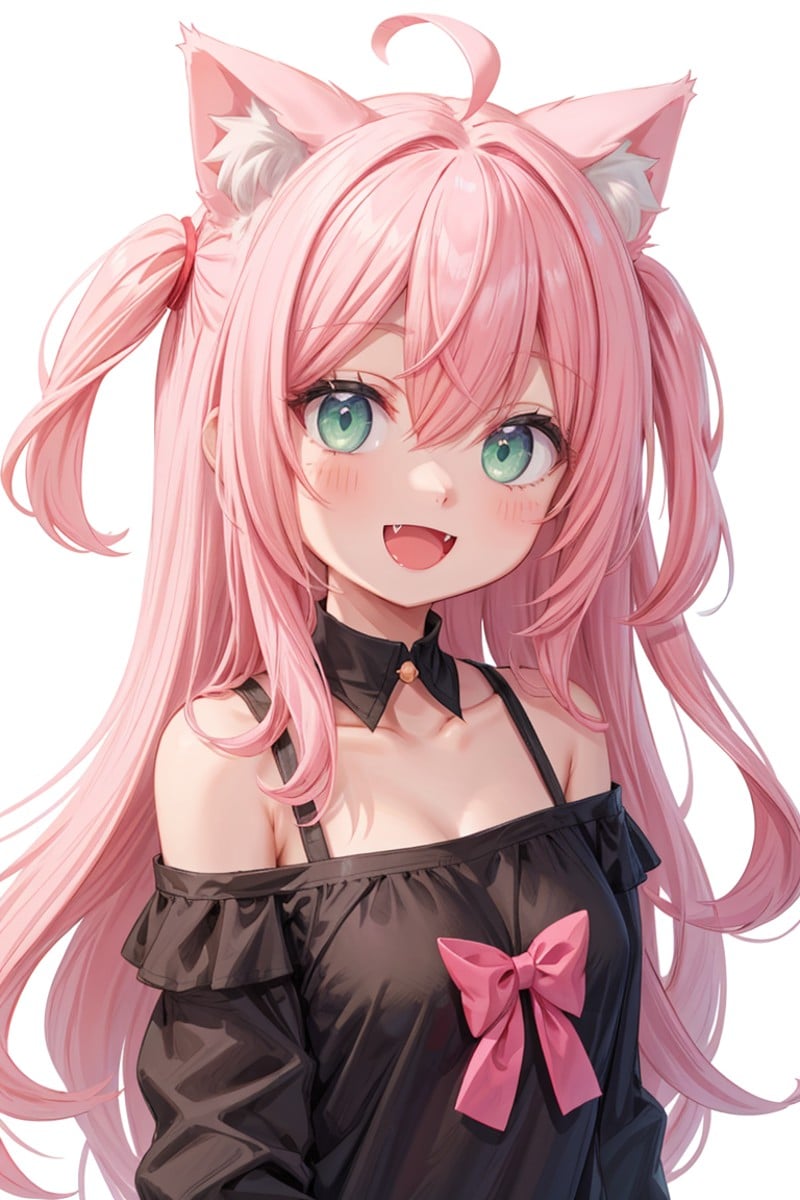 1girl, animal ears, solo, fangs, long hair, cat ears, off shoulder, breasts, pink hair, white background, green eyes, simple background, black shirt, shirt, ahoge, animal ear fluff, open mouth, looking at viewer, smile, upper body, small breasts, blush, two side up, bare shoulders, :d, collarbone, cat girl, cleavage, bangs, hair between eyes,<lora:detail:0.4>
